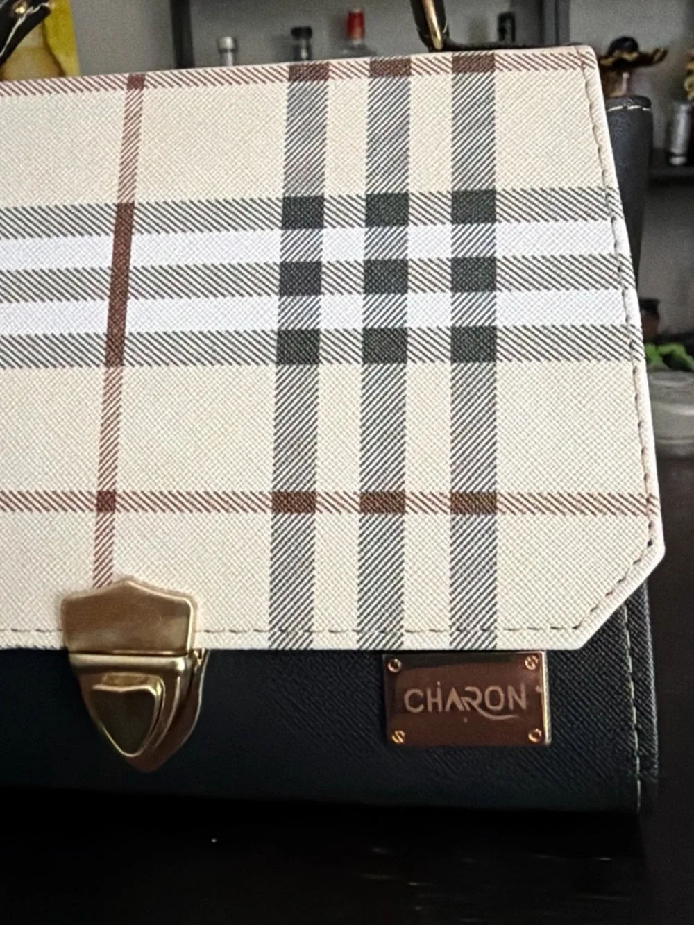 Beige Plaid Crossbody Bag with Black Trim